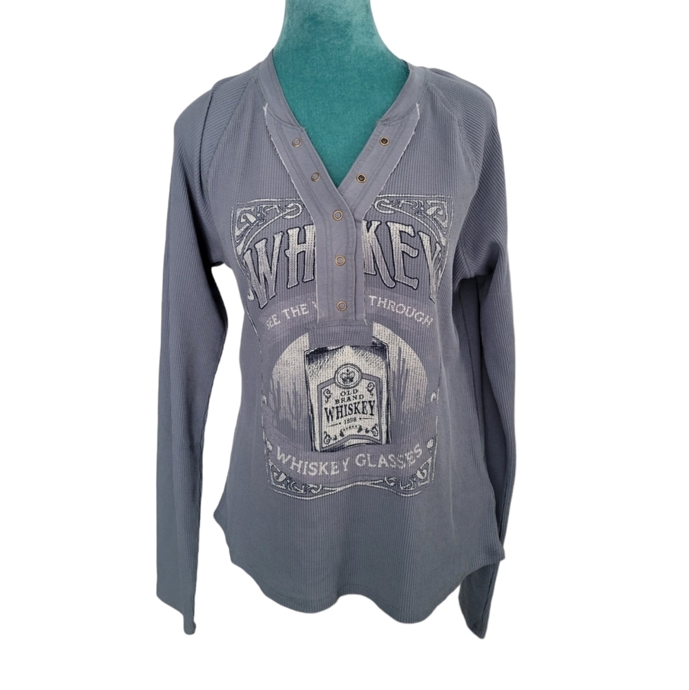 😁Womens Blue Whiskey V Neck Quarter Button Up Long Sleeve Shirt Size M
